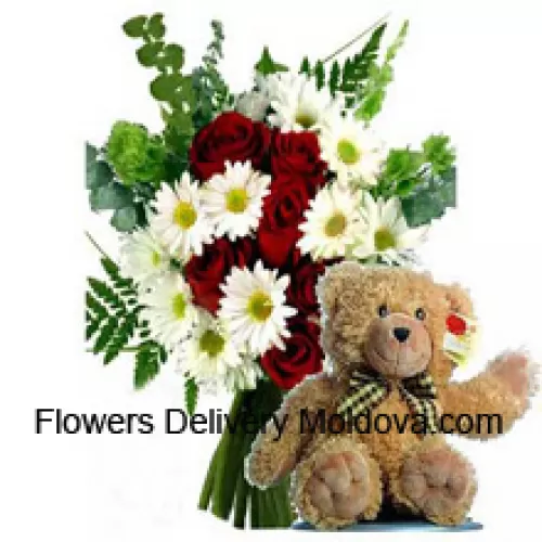 Bouquet de roses rouges et de gerberas blancs accompagné d'un mignon ours en peluche brun de 12 pouces de hauteur