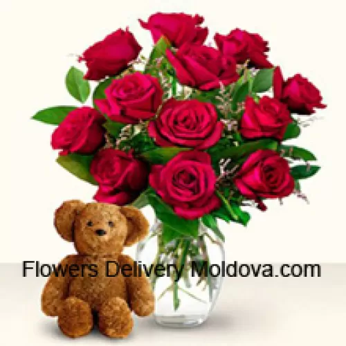 11 Red Roses With Some Ferns In A Glass Vase Along With A Cute 12 Inches Tall Brown Teddy Bear