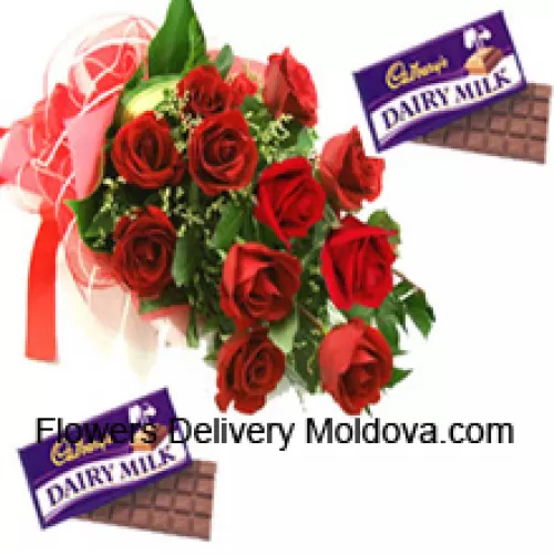 Bunch Of 11 Red Roses With Seasonal Fillers Along With Assorted Cadbury Chocolates