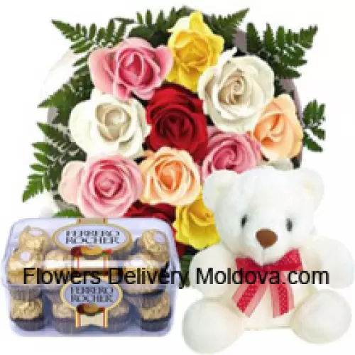 Bouquet de 11 roses rouges avec des éléments de remplissage saisonniers, un mignon ours en peluche blanc de 12 pouces de hauteur et une boîte de 16 pièces de Ferrero Rocher