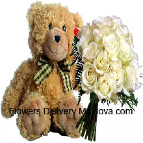 Bouquet de 19 roses blanches avec des remplisseurs saisonniers accompagnés d'un mignon ours en peluche brun de 14 pouces de haut