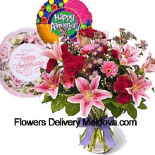 Assorted Flowers In A Vase, Anniversary Balloon And A 1/2 Kg (1 Lb) Strawberry Cake
