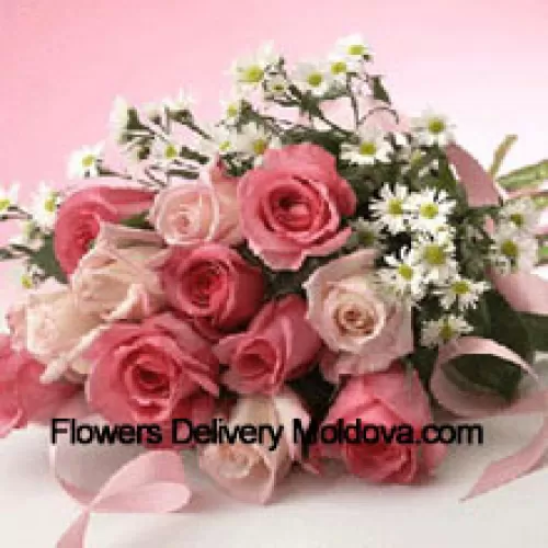 Bouquet de 11 roses roses célestes avec statice violet