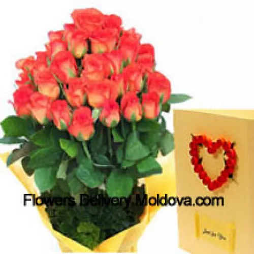 Bouquet de 31 roses oranges avec une carte de vœux gratuite