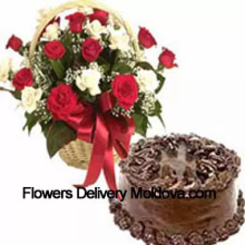 Basket Of 25 Mixed Colored Roses And A 1 Kg (2.2 Lbs) Chocolate Cake