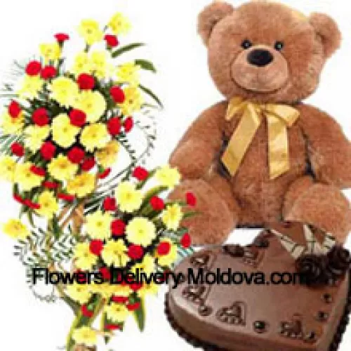 Un arrangement de 3 pieds de fleurs assorties, un gâteau au chocolat en forme de cœur de 1 kg et un ours en peluche de 2 pieds de haut