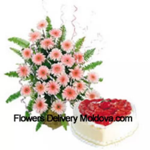 Basket Of 25 Pink Colored Gerberas Along With A 1 Kg Heart Shaped Vanilla Cake