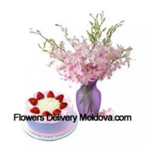 Fresh Orchids In A Vase Along With 1/2 Kg Strawberry Cake