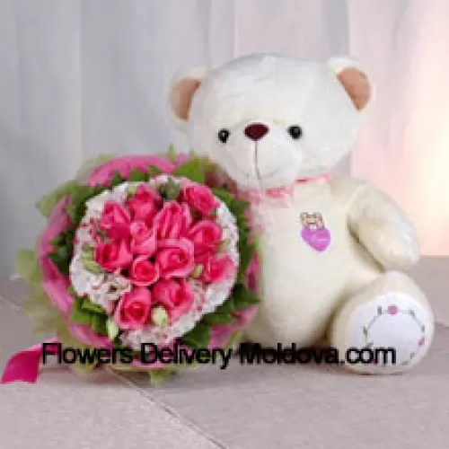 Bouquet de 11 roses roses et un ours en peluche de taille moyenne