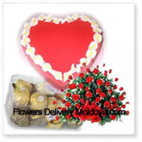 Panier de 101 roses rouges avec 16 pièces de Ferrero Rocher et un gâteau aux fraises de 1 kg (2,2 livres)