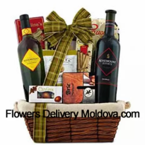 This Gift Basket includes Rosemount Estate Black Diamond Label Shiraz Red Wine, Rosemount Estate Chardonnay White Wine, Brie cheese spread, Three pepper blend crackers, Olive oil cucina chips, Guylian Belgian chocolate shells, Angelina’s sweet butter cookies, Dolcetto filled wafer roll And Feridies extra-large gourmet Virginia peanuts. (Contents of basket including wine may vary by season and delivery location. In case of unavailability of a certain product we will substitute the same with a product of equal or higher value)