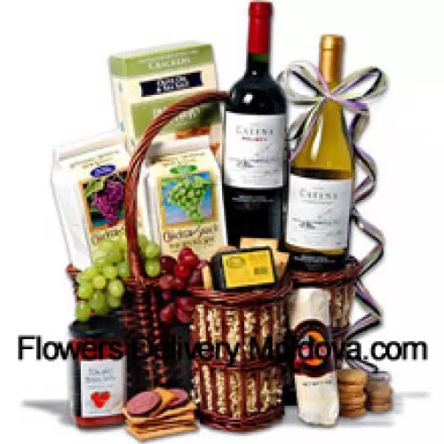 This Father's Day Gift Basket Includes Catena Malbec Mendoza - 750 ml, Catena Chardonnay Mendoza - 750 ml, Hors Doeuvre Deli Style Crackers by Partners, Hickory & Maple Smoked Cheese by Sugarbush Farm, Butcher Wrapped Summer Sausage by Sparrer Sausage Co,  Tomato Bruschetta by Elki, White Wine Biscuit by American Vintage and Red Wine Biscuit by American Vintage. (Contents of basket including wine may vary by season and delivery location. In case of unavailability of a certain product we will substitute the same with a product of equal or higher value)